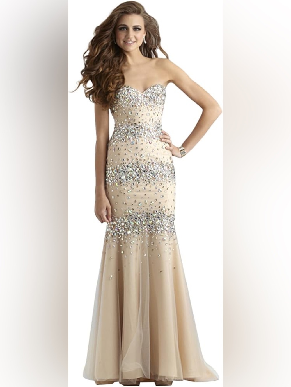Terani Couture Nude Strapless Crystal-Embellished Mermaid Gown